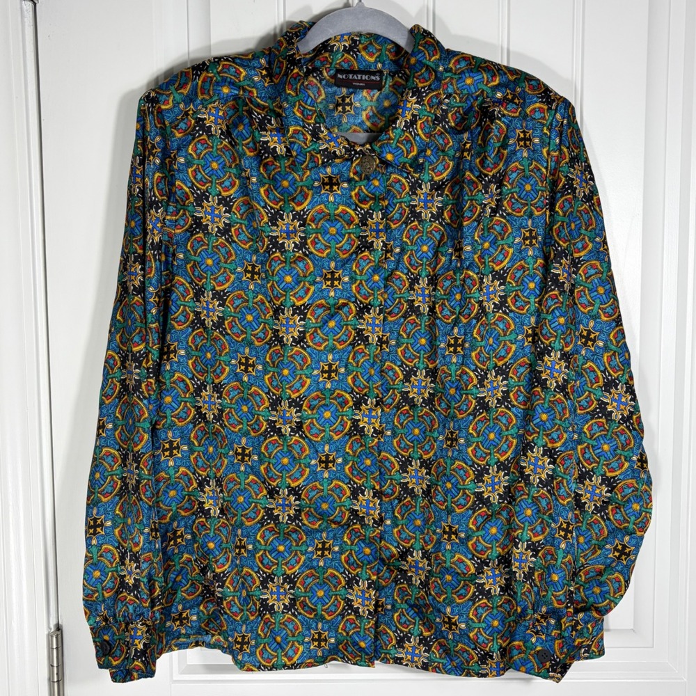 Notations Woman Blue Stained Glass Medallion Print Blouse Size 16W Vintage Style